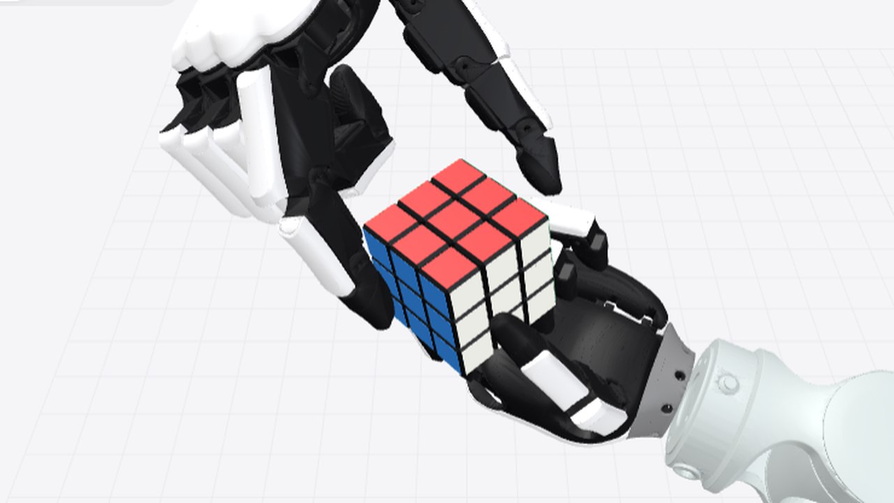 Two XHand Pro hands turning a Rubik's cube in simulation